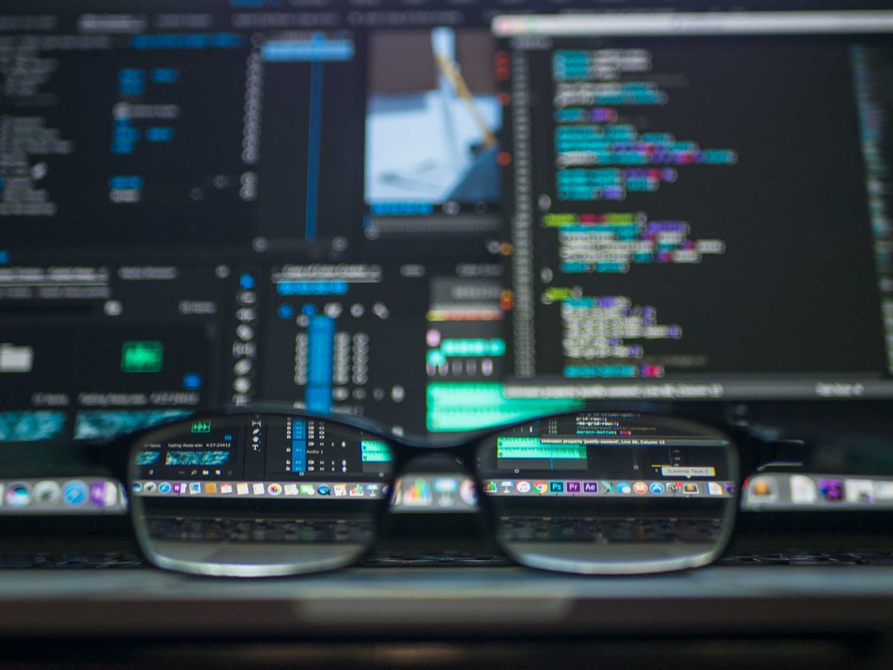 Services-02 Eyeglasses reflecting computer code on a monitor, ideal for technology and programming themes.